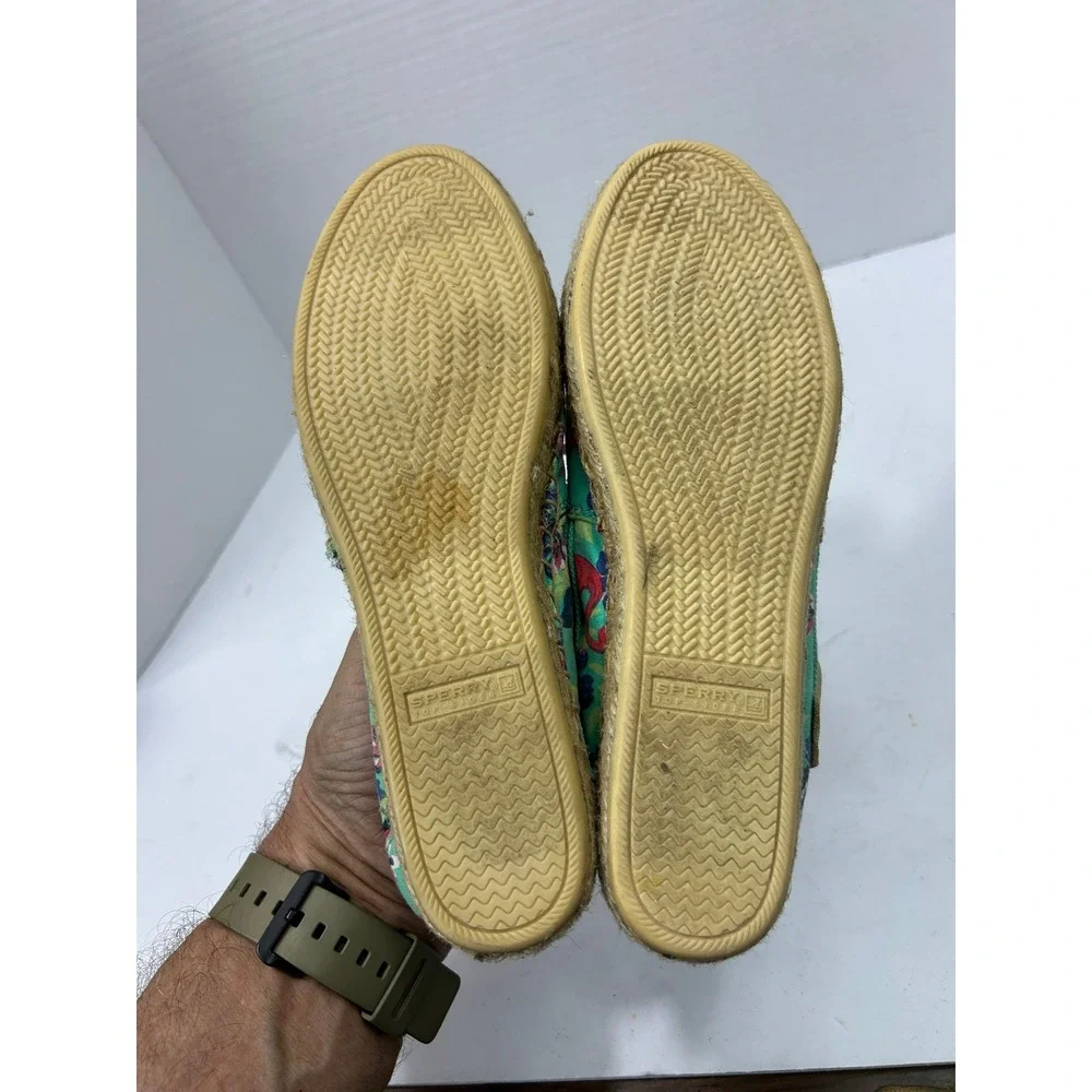 Sperry Flamingo Floral Espadrille Boat Shoes 6M Mint Green Tropical Boho Coastal